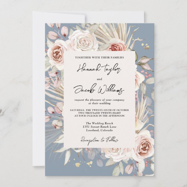 Dusty Blue Floral Rustic Wedding Invitation (Front)