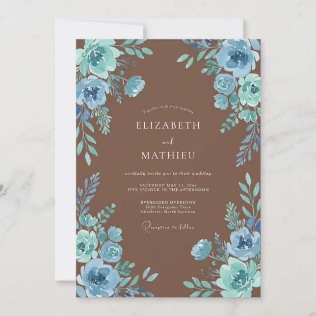 Dusty Blue Floral Rustic Wedding Invitation (Front)