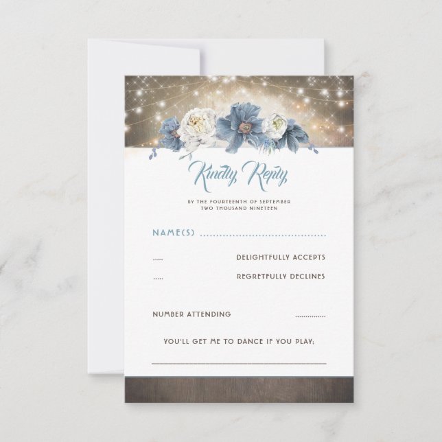 Dusty Blue Floral Rustic Wedding RSVP (Front)