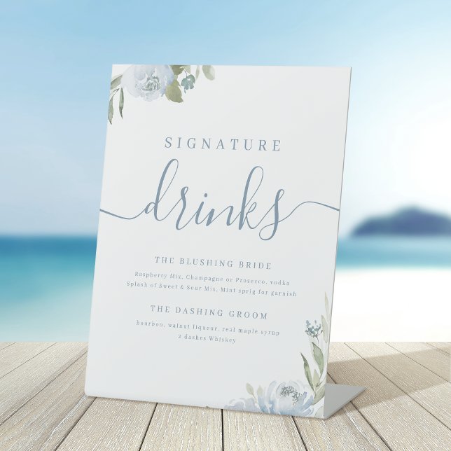 Dusty blue floral rustic Wedding Signature Drinks Pedestal Sign (Dusty blue floral rustic Wedding Signature Drinks Pedestal Sign)