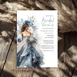 Dusty blue floral sage eucalyptus wedding gown invitation