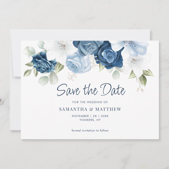 Dusty Blue Floral Save the Date Announcement (Front)