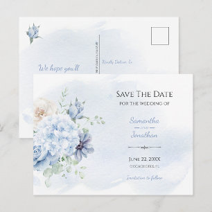 Dusty Blue Floral Save The Date Announcement Postcard