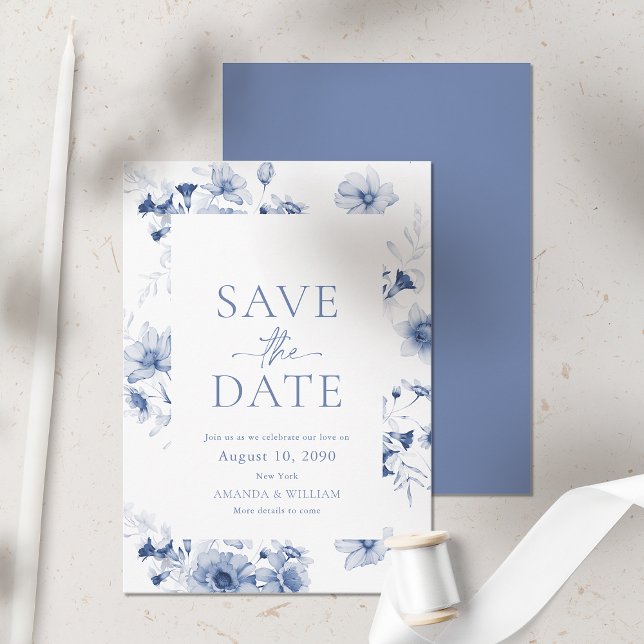 Dusty Blue Floral Save the Date Card (Creator Uploaded)