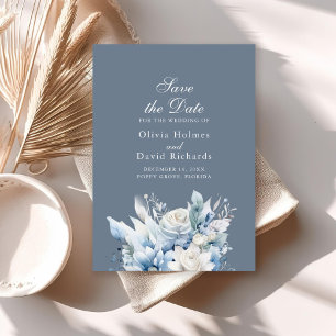 Dusty Blue Floral Save the Date Elegant Vertical