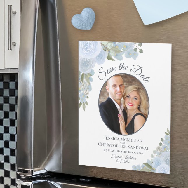 Dusty Blue Floral Save the Date Photo Magnet (Creator Uploaded)