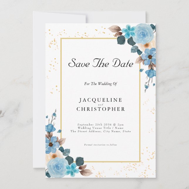 Dusty Blue Floral Save The Date Wedding Invitation (Front)