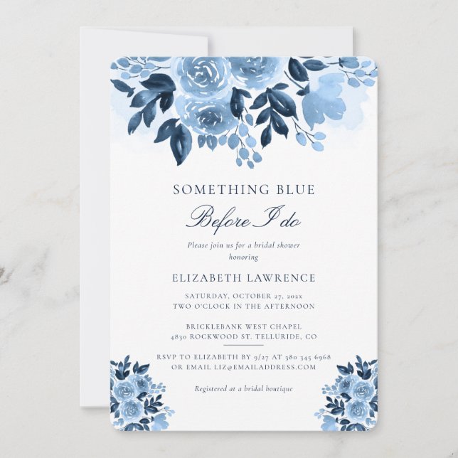 Dusty Blue Floral Script Bridal Shower Invitation (Front)