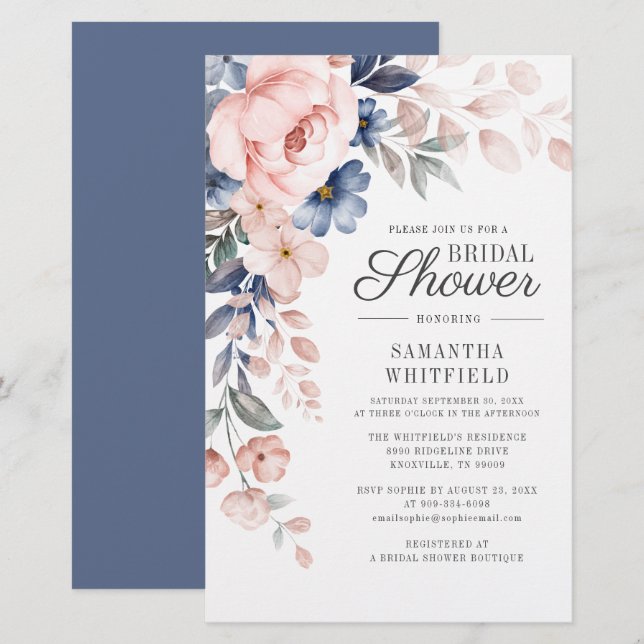 Dusty Blue Floral Script Bridal Shower Invitation Stationery (Front/Back)