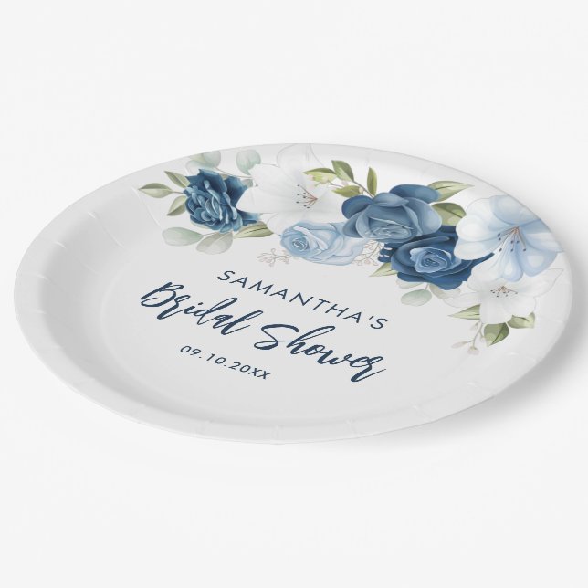 Dusty Blue Floral Script Bridal Shower Paper Plate (Angled)