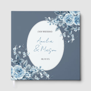 Dusty Blue Floral Script Elegant Wedding Guest Book