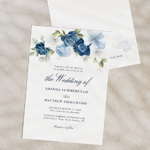 Dusty Blue Floral Script Elegant Wedding Invitation