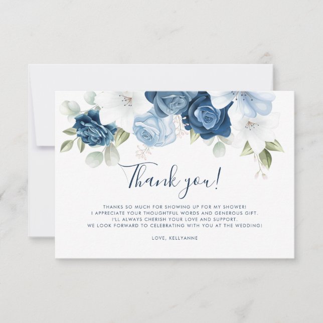 Dusty Blue Floral Script Hand-Lettered Wedding Thank You Card (Front)