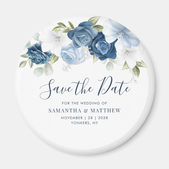 Dusty Blue Floral Script Keepsake Save the Date Magnet (Front)