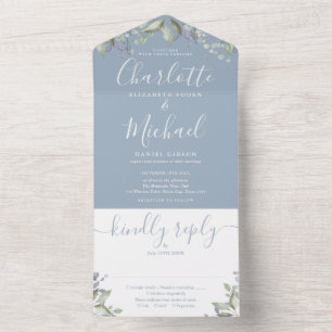 Dusty Blue Floral Script Monogram Wedding All In One Invitation