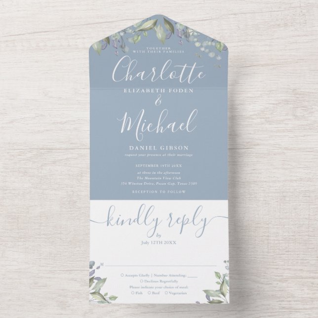 Dusty Blue Floral Script Monogram Wedding  All In One Invitation (Inside)
