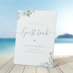 Dusty blue floral script rustic Wedding Guest Book Pedestal Sign<br><div class="desc">Romantic watercolor floral in dusty blue and sage green,  and stylish modern script,  simple and elegant. Great wedding sign guest book sign for rustic botanical garden wedding in spring and summer. 
See all the matching pieces in collection.</div>