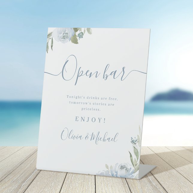 Dusty blue floral script rustic Wedding Open Bar Pedestal Sign (Dusty blue floral script rustic Wedding Open Bar Pedestal Sign)
