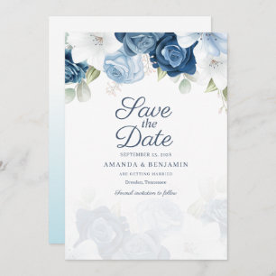 Dusty Blue Floral Script Watercolor Bloom Wedding Save The Date