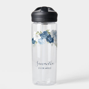 Dusty Blue Floral Script Wedding Bridesmaid Custom Water Bottle