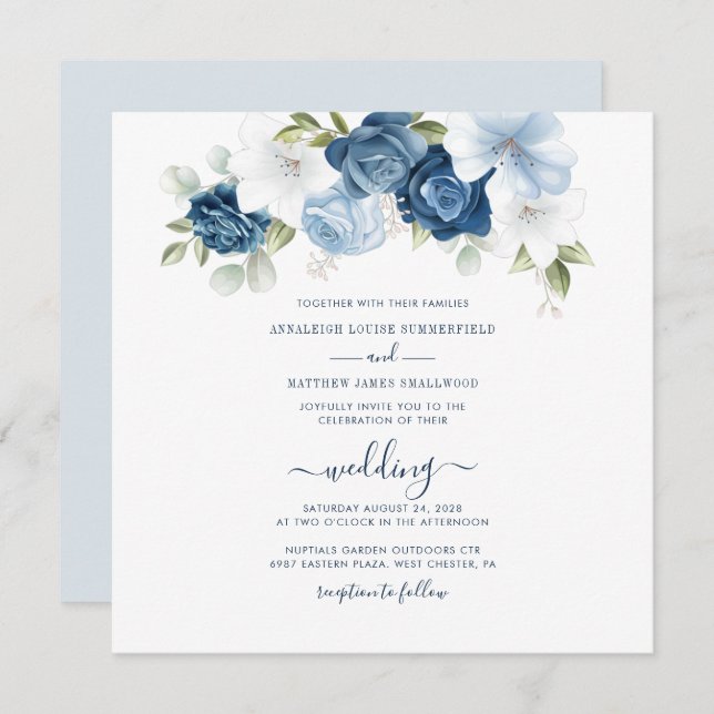 Dusty Blue Floral Script Wedding Invitation (Front/Back)
