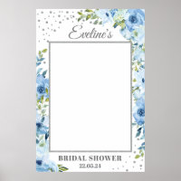 Dusty blue floral silver bridal shower photo prop