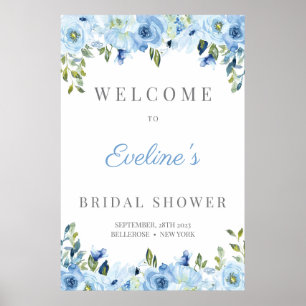 Dusty blue floral silver bridal shower welcome poster