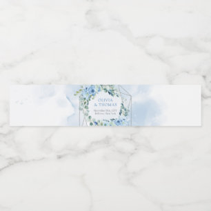 Dusty Blue Floral Silver Geometric Frame greenery Water Bottle Label