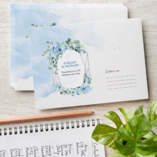 Dusty Blue Floral Silver Geometric Frame wedding Envelope