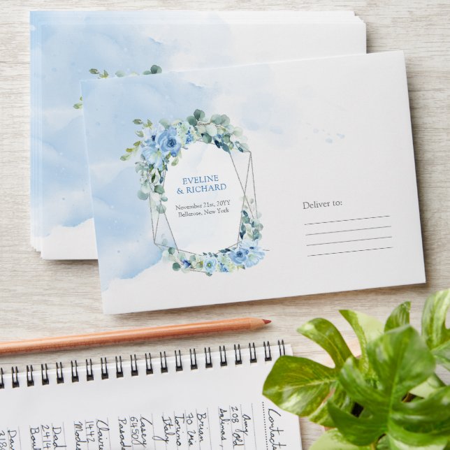 Dusty Blue Floral Silver Geometric Frame wedding Envelope (Stacked)