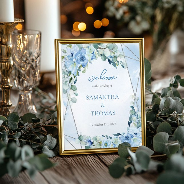 Dusty Blue Floral Silver Geometric wedding welcome Poster (Dusty Blue Floral Silver Geometric wedding welcome Poster)