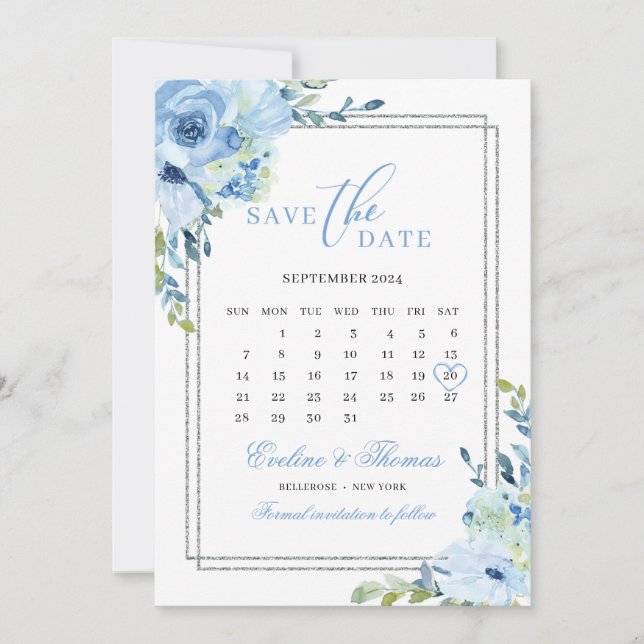 Dusty blue floral silver glitter calendar wedding save the date (Front)