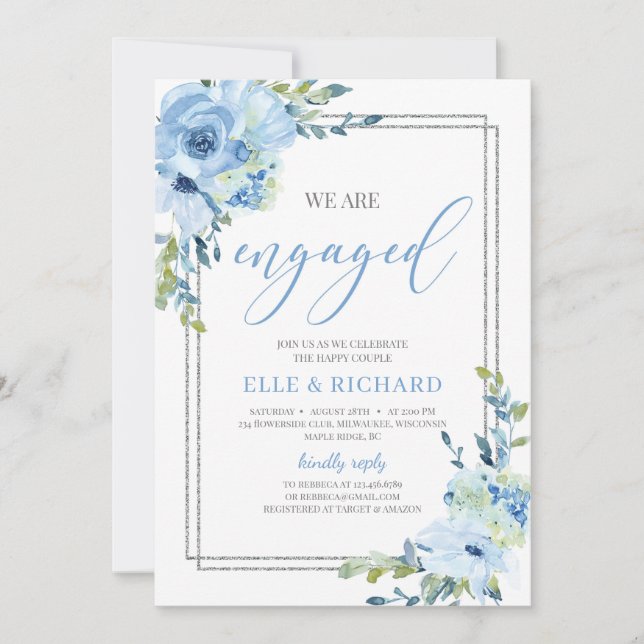 Dusty blue floral silver glitter we are engaged invitation (Front)