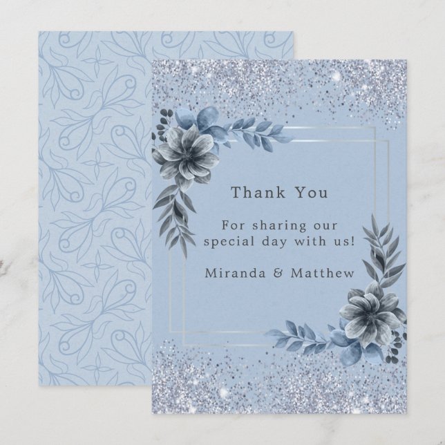 Dusty Blue Floral Silver Glitter Wedding Thank You Invitation (Front/Back)
