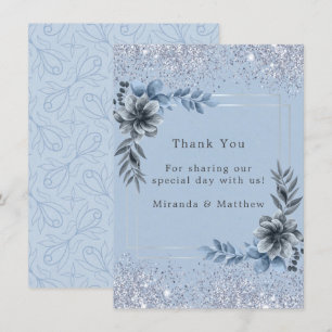 Dusty Blue Floral Silver Glitter Wedding Thank You Invitation