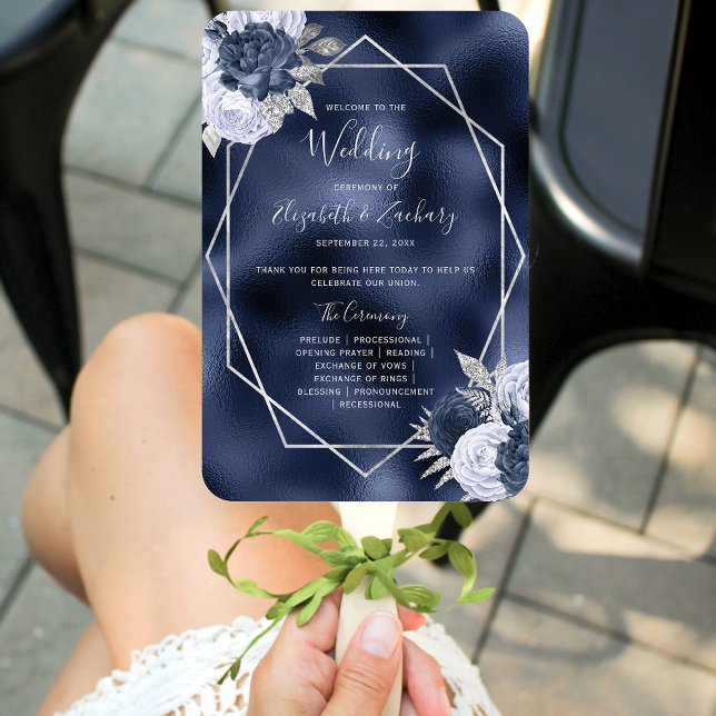 Dusty Blue Floral Silver Navy Foil Wedding Program Hand Fan (Creator Uploaded)