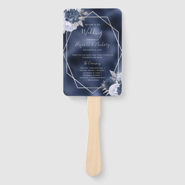 Dusty Blue Floral Silver Navy Foil Wedding Program Hand Fan (Front)