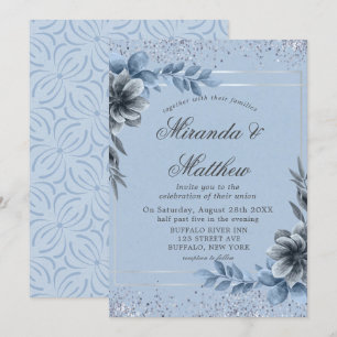 Dusty Blue Floral Silver Wedding Invitations