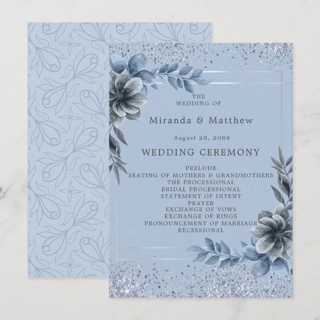 Dusty Blue Floral Silver Wedding Program Invitation (Front/Back)
