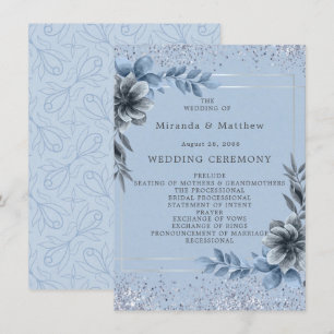 Dusty Blue Floral Silver Wedding Program Invitation