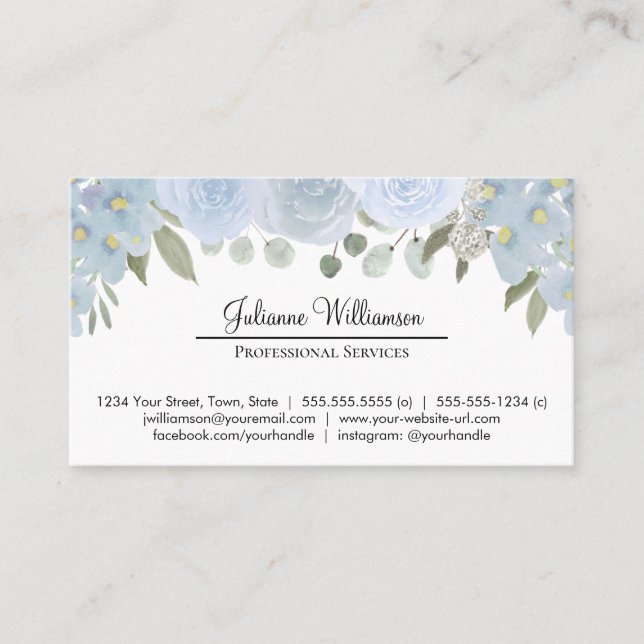 Dusty Blue Floral Simple Personal Professional Business Card (Front)