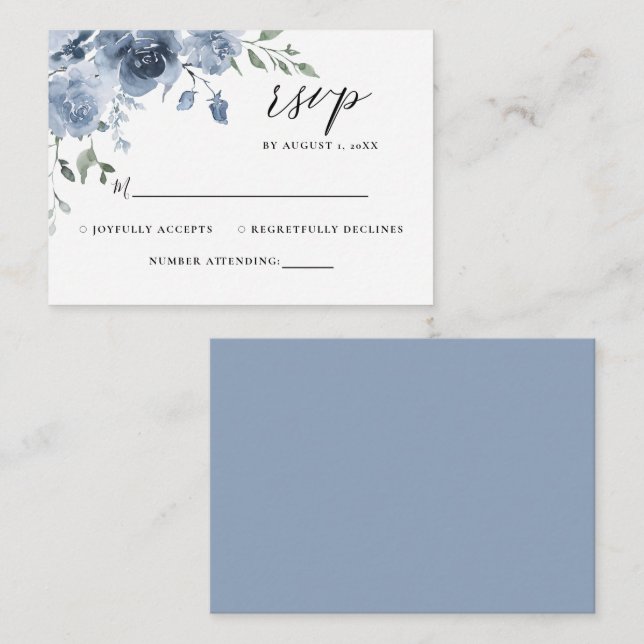 Dusty Blue Floral Slate Blue Pastel Wedding RSVP Enclosure Card (Front/Back)