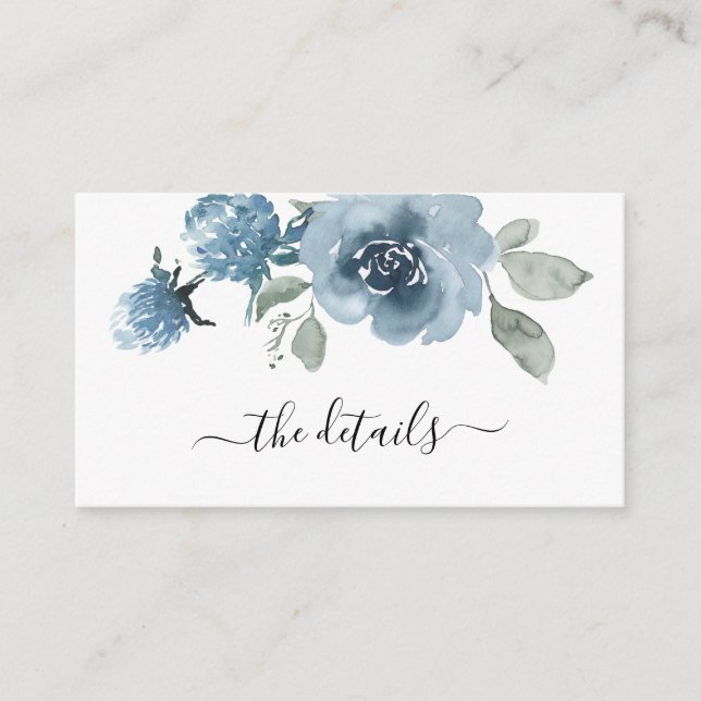 Dusty Blue Floral Slate Pastel Wedding Details Enclosure Card (Front)