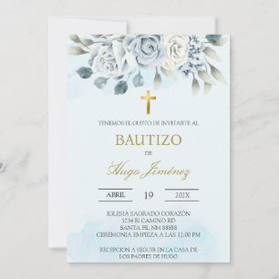 Dusty blue floral Spanish baptism Invitation