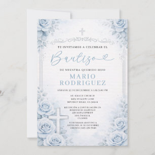 Dusty Blue Floral Spanish Baptism Religion Cross Invitation