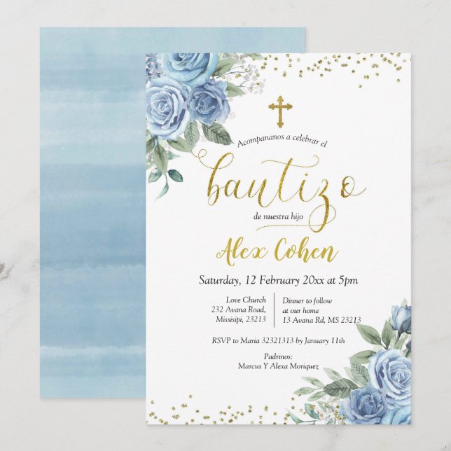 Dusty Blue Floral Spanish Boy Bautizo Invitation (Front/Back)