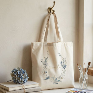 Dusty Blue Floral Spring greenery Name Monogram Tote Bag