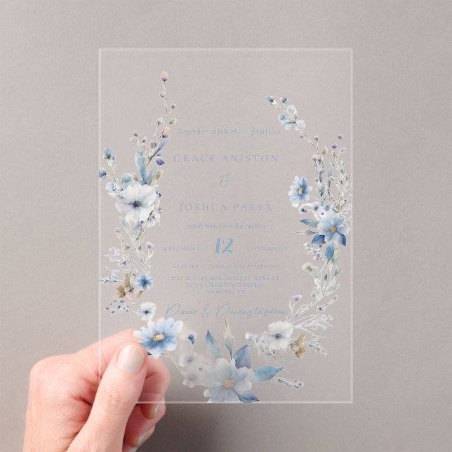 Dusty Blue Floral Spring greenery Wedding Acrylic Invitations (Insitu (Handheld))
