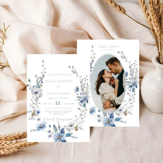 Dusty Blue Floral Spring greenery Wedding Invitation (Creator Uploaded)