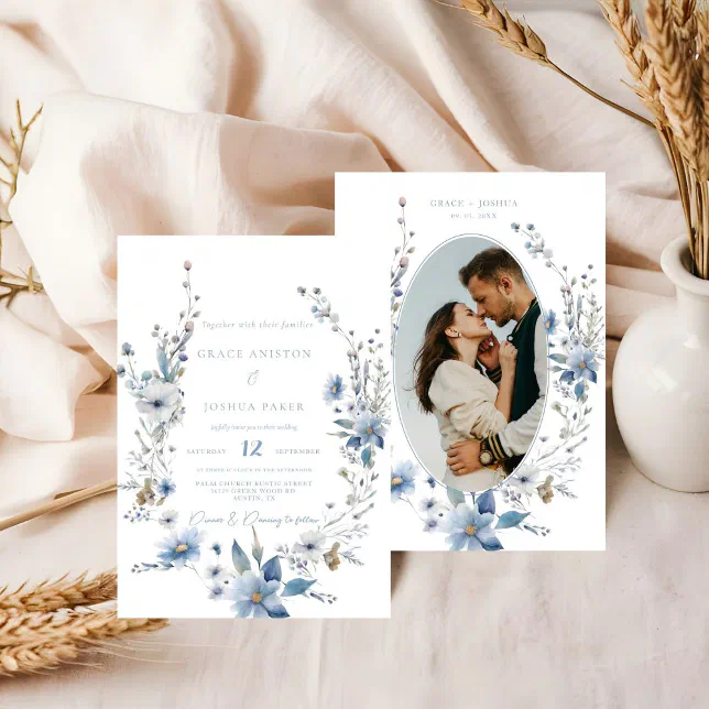 Dusty Blue Floral Spring greenery Wedding Invitation | Zazzle